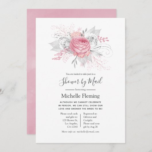 ピンクのフローラベビーまたはブライダルシャワー(メール別) 招待状 (正面/裏面)