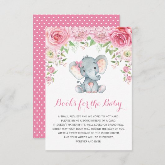ピンクのフローラベビーゾウが本の挿入カードを持って来る エンクロージャーカード (正面/裏面)