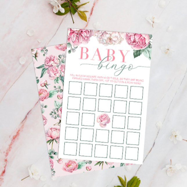 ピンクのフローラベビービンゴベビーシャワー活動 (Floral Peony Roses - Baby Shower Bingo Activity Game)