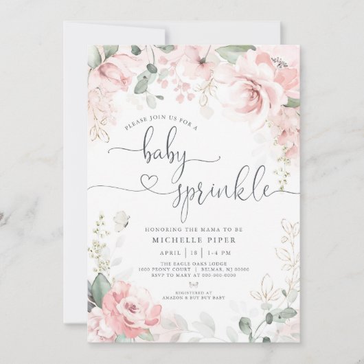 ピンクのフローラベビー散布、水色牡丹ベビー 招待状 (正面)