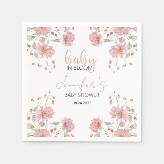 ピンクのフローラベビー開花ガールシャワー紙ナプキン スタンダードカクテルナプキン (正面)