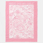 ピンクのフローラペイズリーパターン(白) フリースブランケット (正面)