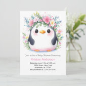 ピンクのフローラペンギンうれしそうなウィムジーの赤ちゃんシャワー 招待状 (スタンド正面)