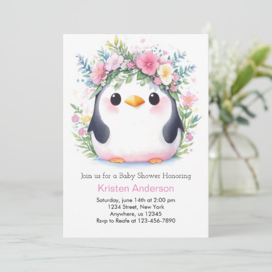 ピンクのフローラペンギンうれしそうなウィムジーの赤ちゃんシャワー 招待状 (スタンド正面)