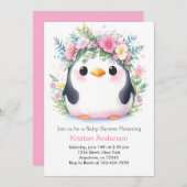 ピンクのフローラペンギンうれしそうなウィムジーの赤ちゃんシャワー 招待状 (正面/裏面)