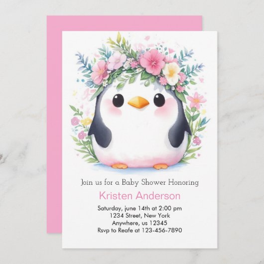 ピンクのフローラペンギンうれしそうなウィムジーの赤ちゃんシャワー 招待状 (正面/裏面)