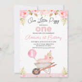 ピンクのフローラホイールバーローリトルピギー1st誕生日 招待状 (正面)