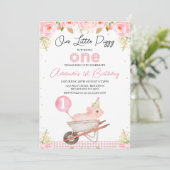 ピンクのフローラホイールバーローリトルピギー1st誕生日 招待状 (スタンド正面)