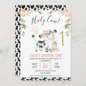 ピンクのフローラホーリーカウカプリントファースト誕生日 招待状 (正面/裏面)