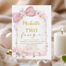 ピンクのフローラボウファンシー2歳の誕生日シャワー 招待状