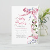 ピンクのフローラボウワイルドフラワーベビーシャワー 招待状 (スタンド正面)