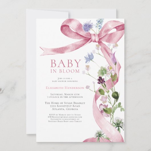 ピンクのフローラボウワイルドフラワーベビーシャワー 招待状 (正面)