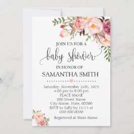 ピンクのフローラボホシックな赤ちゃんシャワー 招待状