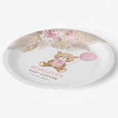 ピンクのフローラボホテディベアバルーンベビーガール ペーパープレート (アングル)