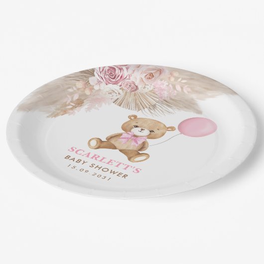 ピンクのフローラボホテディベアバルーンベビーガール ペーパープレート (アングル)