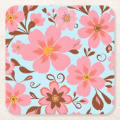 ピンクのフローラムード – パステルヴィベス – レトロ花 スクエアペーパーコースター (正面)