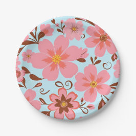 ピンクのフローラムード – パステルヴィベス – レトロ花 ペーパープレート