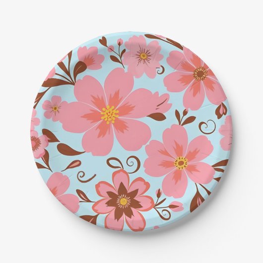 ピンクのフローラムード – パステルヴィベス – レトロ花 ペーパープレート (正面)