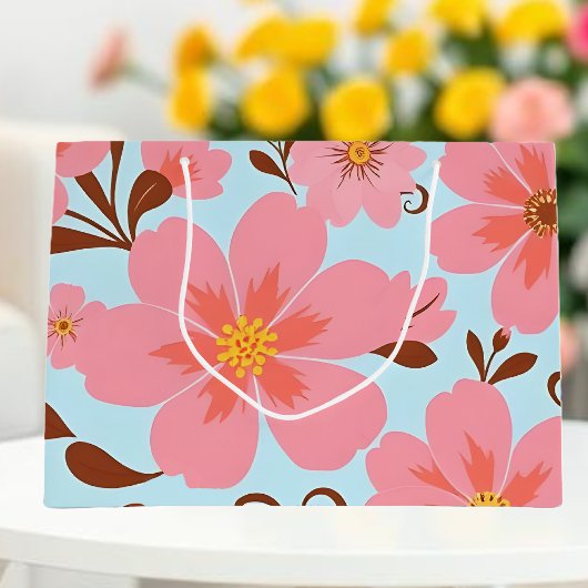 ピンクのフローラムード – パステルヴィベス – レトロ花 ラージペーパーバッグ