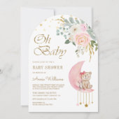 ピンクのフローラムーンキュートテディベアアーチベイビーシャワー 招待状 (正面)