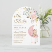 ピンクのフローラムーンキュートテディベアアーチベイビーシャワー 招待状 (スタンド正面)