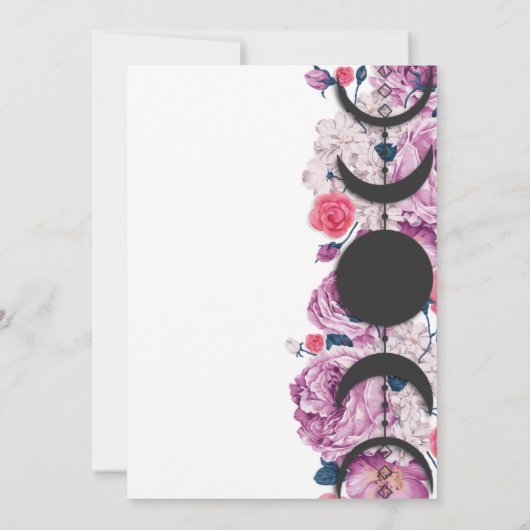 ピンクのフローラムーンフェイズウィッカ信者ハンドスティング 招待状 (裏面)