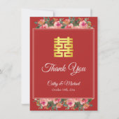 ピンクのフローラモダン結婚中国の赤 サンキューカード (正面)