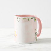 ピンクのフローラモノグラムE水色と名前 マグカップ (正面右)