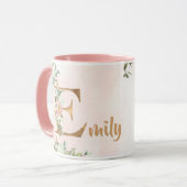 ピンクのフローラモノグラムE水色と名前 マグカップ (正面左)