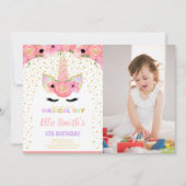 ピンクのフローラユニコーンカード（写真付） 招待状 (正面)