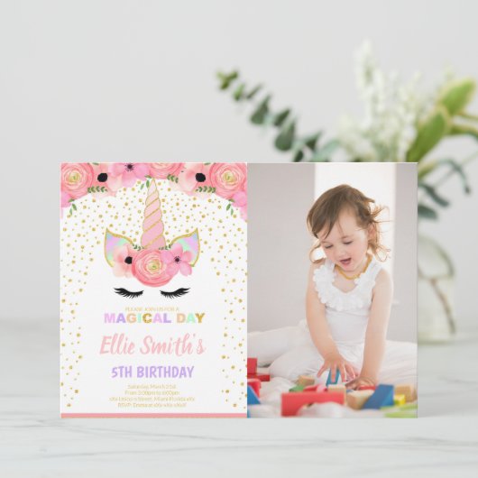 ピンクのフローラユニコーンカード(写真付) 招待状 (スタンド正面)