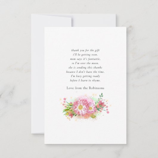 ピンクのフローラユニコーン赤ちゃんシャワー サンキューカード (裏面)