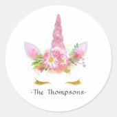 ピンクのフローラユニコーン赤ちゃんシャワー ラウンドシール (正面)