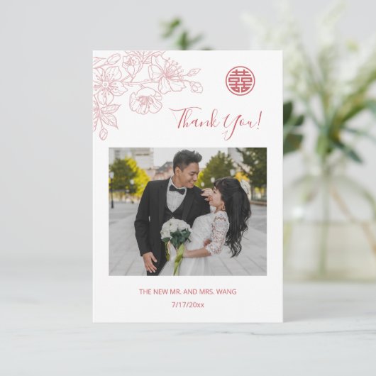 ピンクのフローララインアート結婚写真ありがとう サンキューカード (スタンド正面)