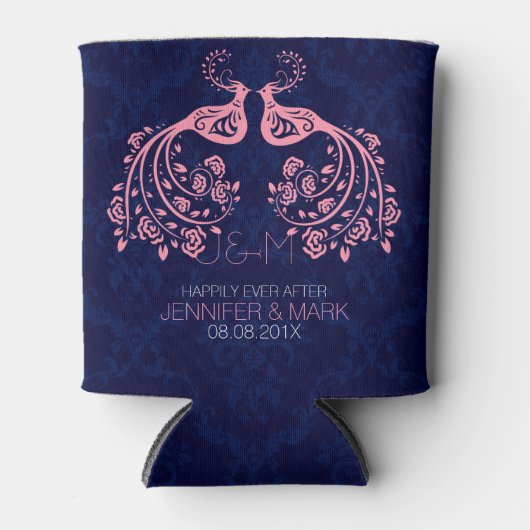 ピンクのフローララブバードダークブルーカスタム背景 缶クーラー (正面)