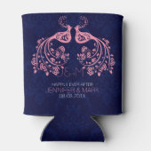 ピンクのフローララブバードダークブルーカスタム背景 缶クーラー (裏面)