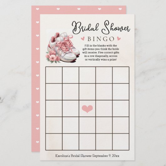 ピンクのフローラランナーをテーマにしたブライダルシャワービンゴゲーム (正面/裏面)