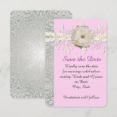 ピンクのフローラリボンシルバーダマスク日付を保存 セーブザデート (正面/裏面)