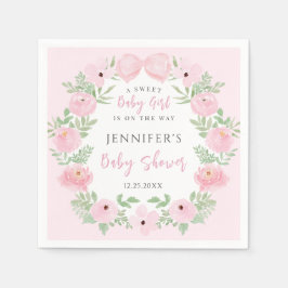 ピンクのフローラリースと可愛い弓のベビーガールシャワー スタンダードカクテルナプキン