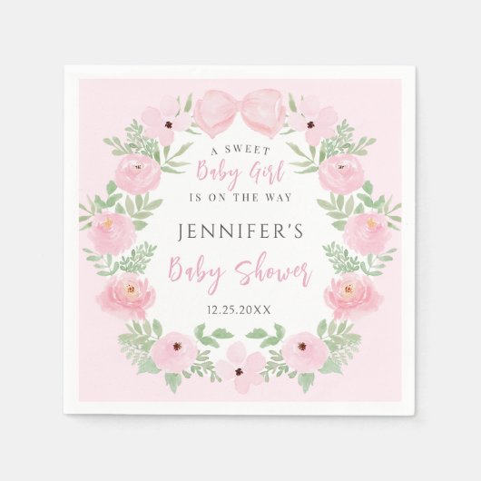 ピンクのフローラリースと可愛い弓のベビーガールシャワー スタンダードカクテルナプキン (正面)