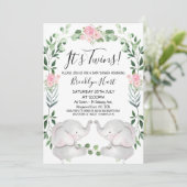 ピンクのフローラリースゾウ双子の赤ちゃんシャワー 招待状 (スタンド正面)