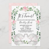 ピンクのフローラリースゾウ双子の赤ちゃんシャワー 招待状 (正面/裏面)