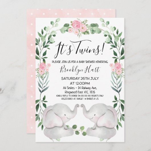 ピンクのフローラリースゾウ双子の赤ちゃんシャワー 招待状 (正面/裏面)