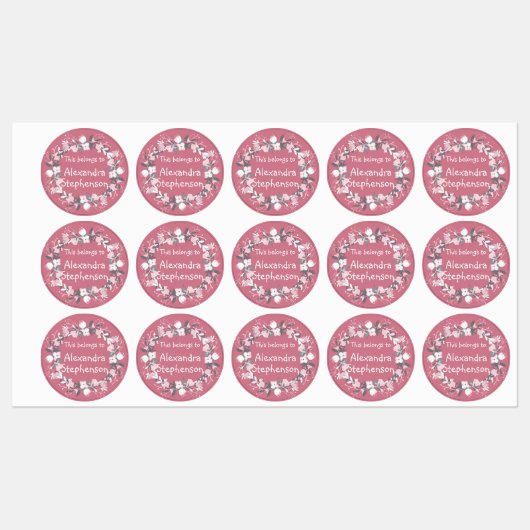 ピンクのフローラリースベビーガール子供の名前の防水 ラベル (シート)