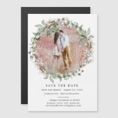 ピンクのフローラリース日付磁気カードを保存 マグネット招待状 (正面/裏面)