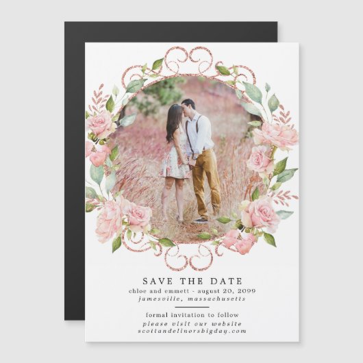 ピンクのフローラリース日付磁気カードを保存 マグネット招待状 (正面/裏面)