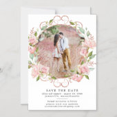 ピンクのフローラリース日付磁気カードを保存 マグネット招待状 (正面)