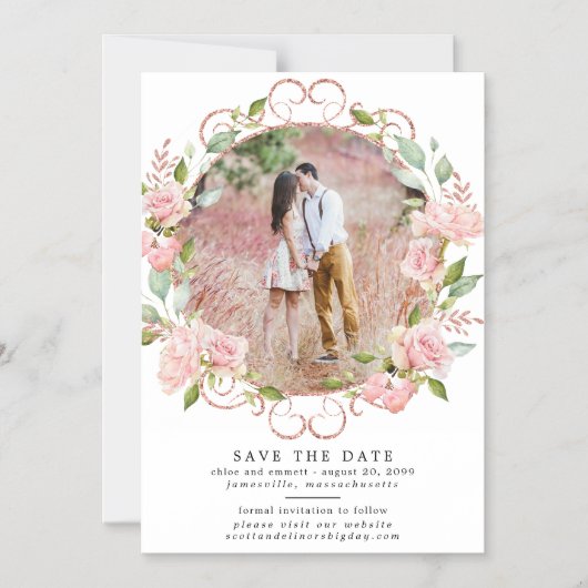 ピンクのフローラリース日付磁気カードを保存 マグネット招待状 (正面)