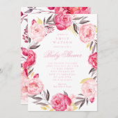 ピンクのフローラリース水の色の女の子ベビーシャワー 招待状 (正面/裏面)