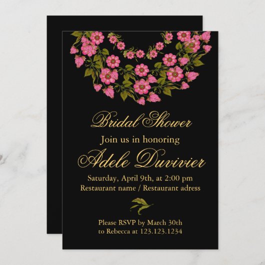 ピンクのフローラリース |ブライダルシャワーの招待 招待状 (正面/裏面)
